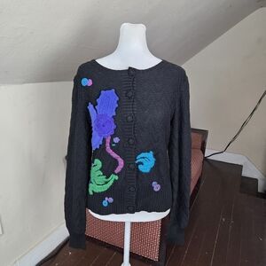 VTG Michael Simon Embellished Cardigan Sweater L Black Floral Applique